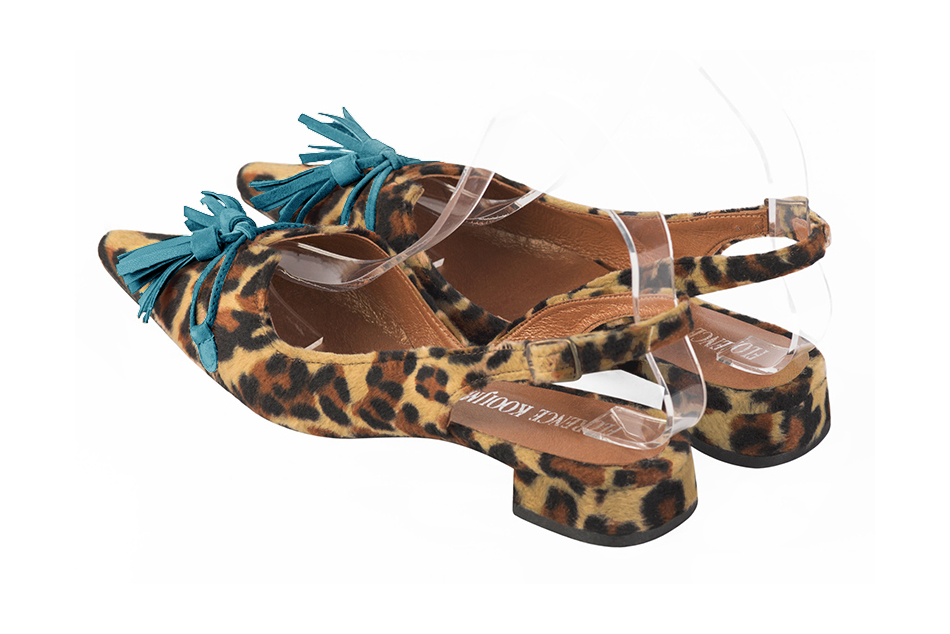 Women's animal print and peacock blue elegant slingback heels, with a bow on the front. Pointed toe. Flat flare heels - Rear view